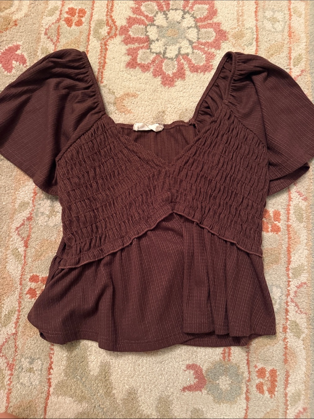 Altar'd State Dark Brown Smocked Square-Neck Puff Sleeve Top